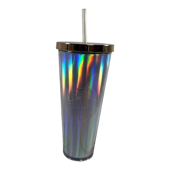 Starbucks Retired 2015 Rainbow Iridescent Foil Cold Cup 24 oz Tumbler Gold NEW - Picture 1 of 4